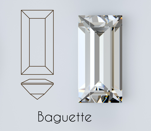 Baguette-Cut Diamant mit schematischen Designs für Vorder- und Seitenansicht.