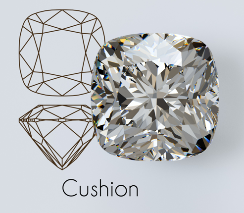 Cushion-Cut Diamant Illustration mit geometrischen Linien.