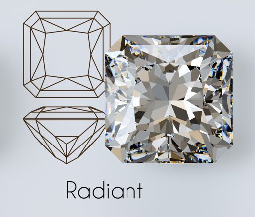 Radiant-Cut Diamant Darstellung mit schematischer Zeichnung.